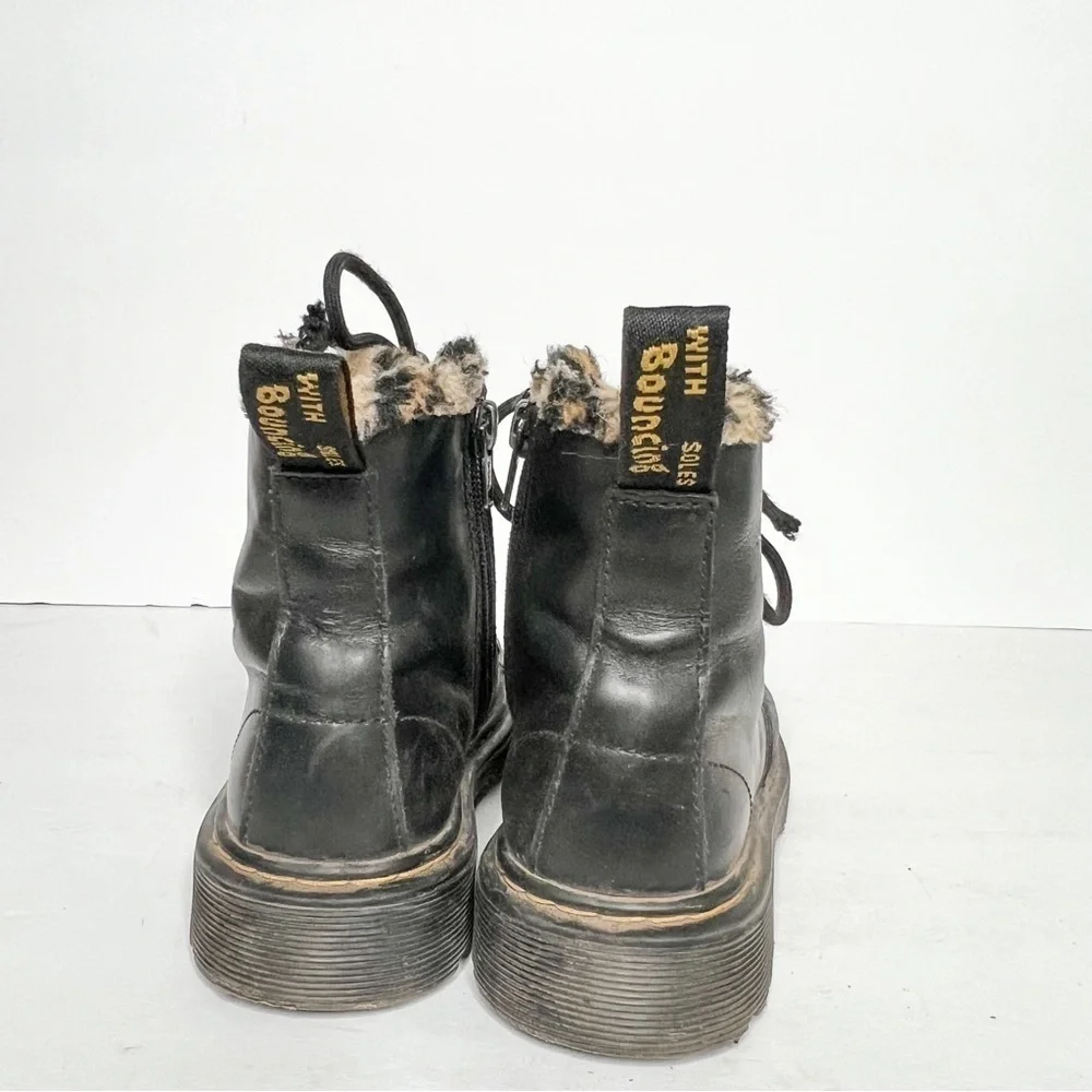Dr. Martens 1460 Serena Leo Leopard Print Fur Trim Black Leather Combat Boots